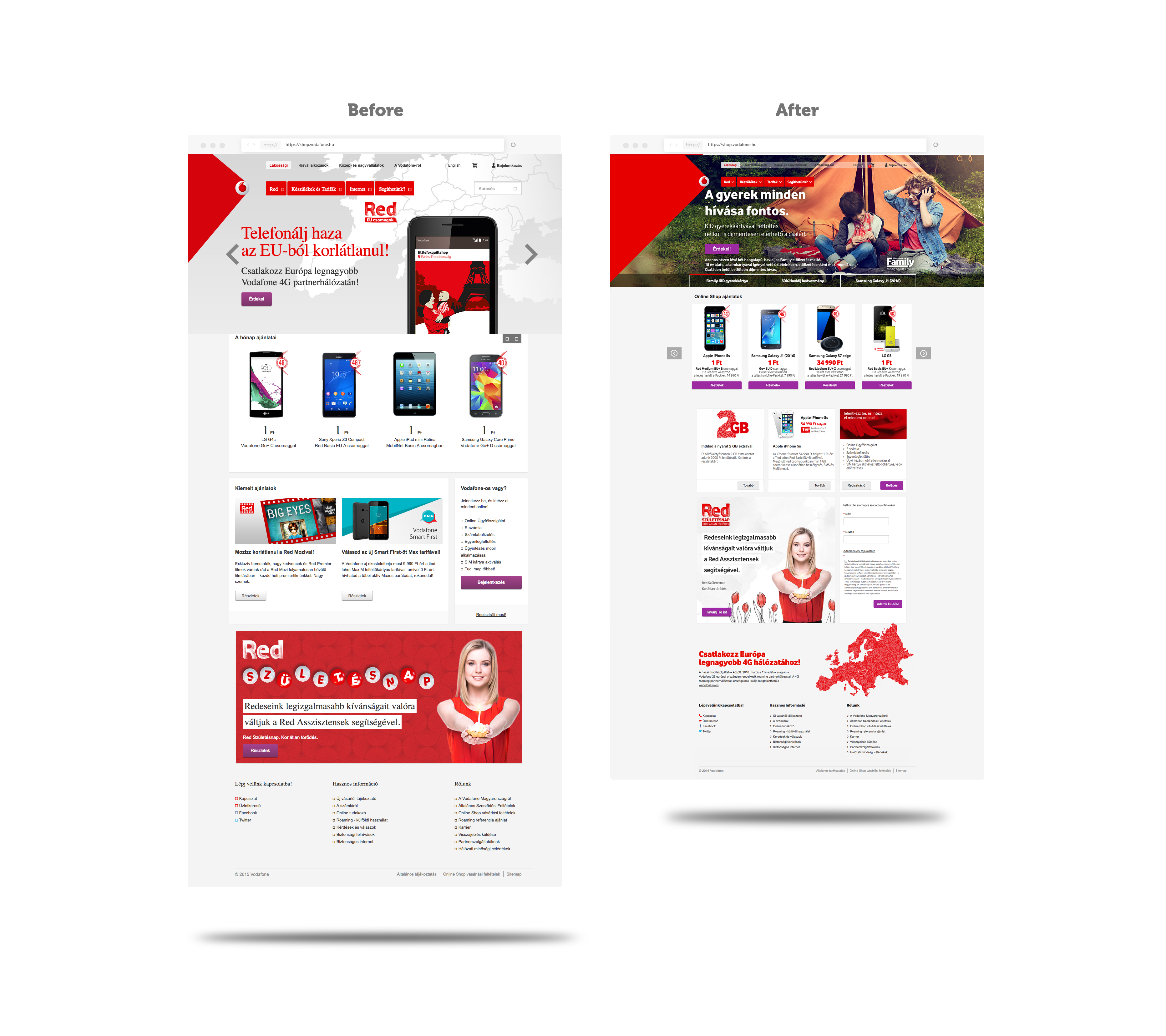Vodafone homepage before and after
